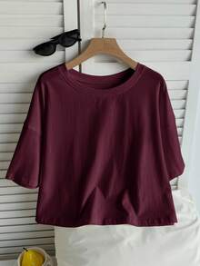 SHEIN EZwear Wine Red Solid Color Dropped Shoulder Casual Plus Size T-Shirt - Burgundy - View 8
