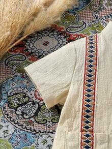 SHEIN 2件套男女宝宝卡其色短袖立领衬衫及配套长裤套装，饰有缎带滚边。 - 卡其色 - 查看 10