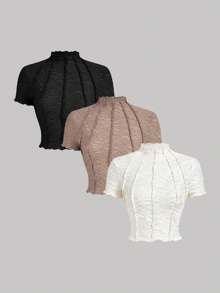 SHEIN MOD 3PCS Women's White And Brown Black Knitted Perspective Short Sleeve Top,Summer Elegant Tea Party Stand Mock Neck Ruched Ruffle See Through Tops - Multicolor - View 1