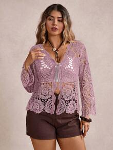 Freevana Áo khoác len cardigan tay dài khoét lỗ cổ chữ V buộc nơ phía trước cỡ lớn - Màu đỏ tím - Xem 3