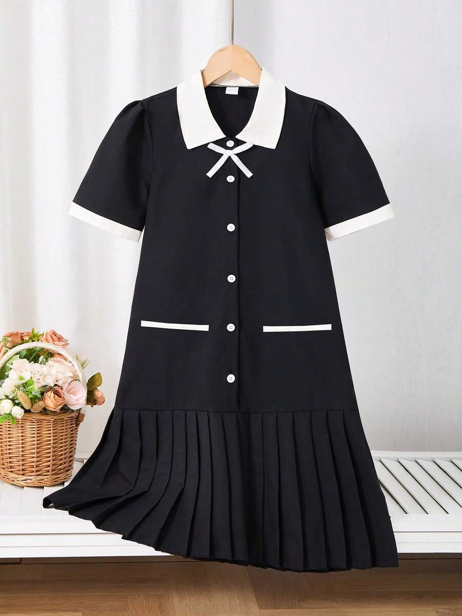 Elladie kids 少女夏季褶皱设计学院风时尚休闲可爱连衣裙 - 黑色 - 查看 1