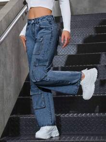 Vaquero cargo mujer pantalon de mujer pantalón de mujer pantalones para mujer pantalón pantalones de dama pantalones baggy - Azul - Ver 3