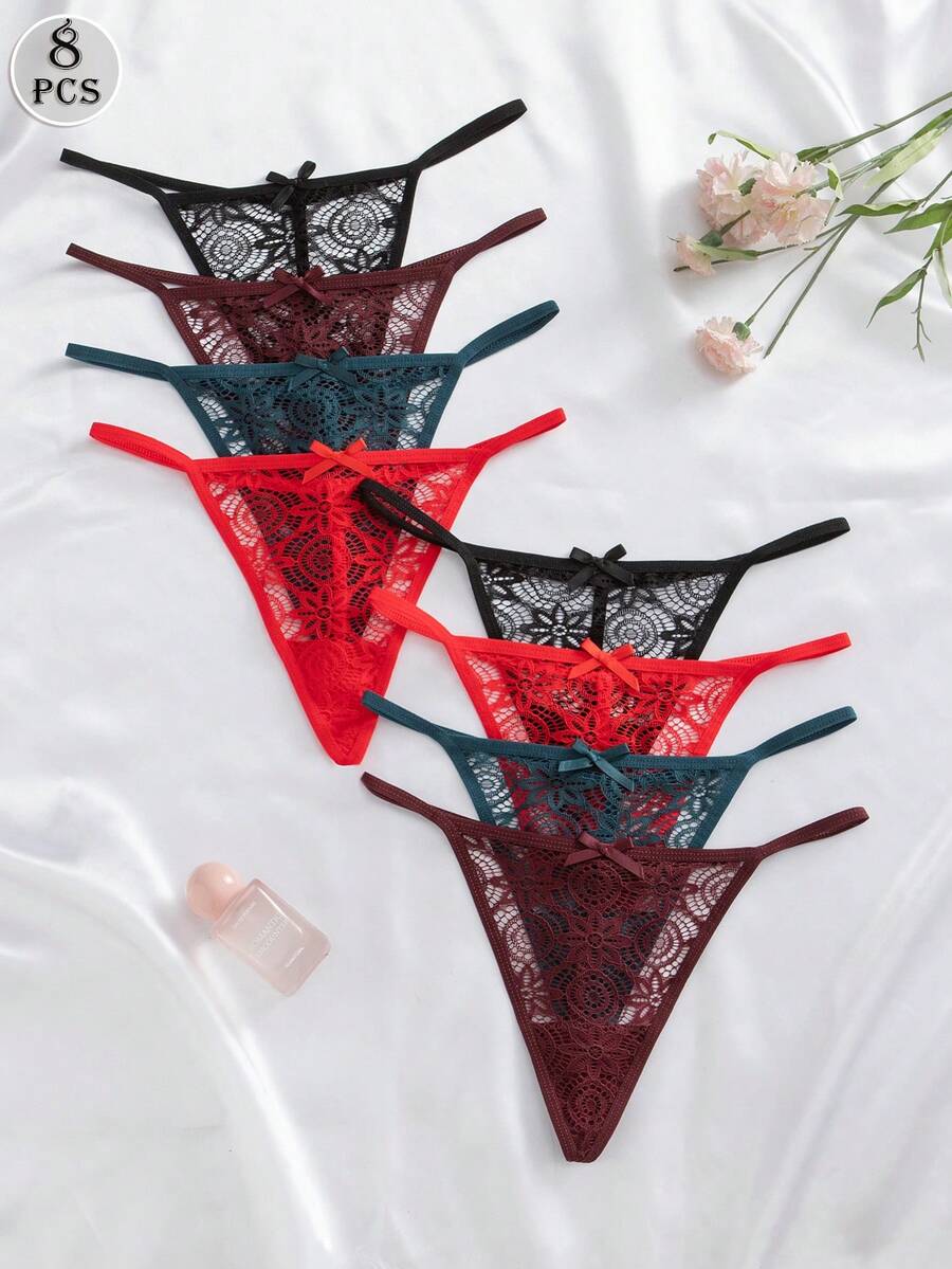 SHEIN Multicolor Lace Sheer Thong Set With Contrast Trim For Women 8 Pack - Multicolor - View 1