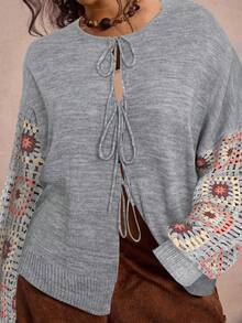 Freevana Plus Size Applique Knot Decor Round Neck Casual Versatile Long Sleeve Cardigan/Winter - Grey - View 4