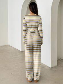 Aloruh Women's Casual Homewear Pajama Set, Includes Striped Crew Neck Long Sleeve Tee And Striped Relaxed Straight Leg Pants, Suitable For Daily Wear, Sports, Autumn/Winter