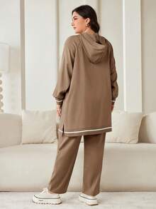 Veilorie 2 Pieces Set Plus Size Solid Color Hooded Sweatshirt And Pants 2 Pieces Set - Khaki - View 2