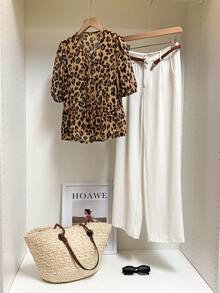 SHEIN Frenchy 女士圆领短袖衬衫，斑马纹系带泡泡袖衬衫，夏季女士可爱荷叶边V领修身泡泡袖上衣，休闲日常穿着，春夏动物纹印花休闲衬衫，短袖 - 彩色 - 查看 6