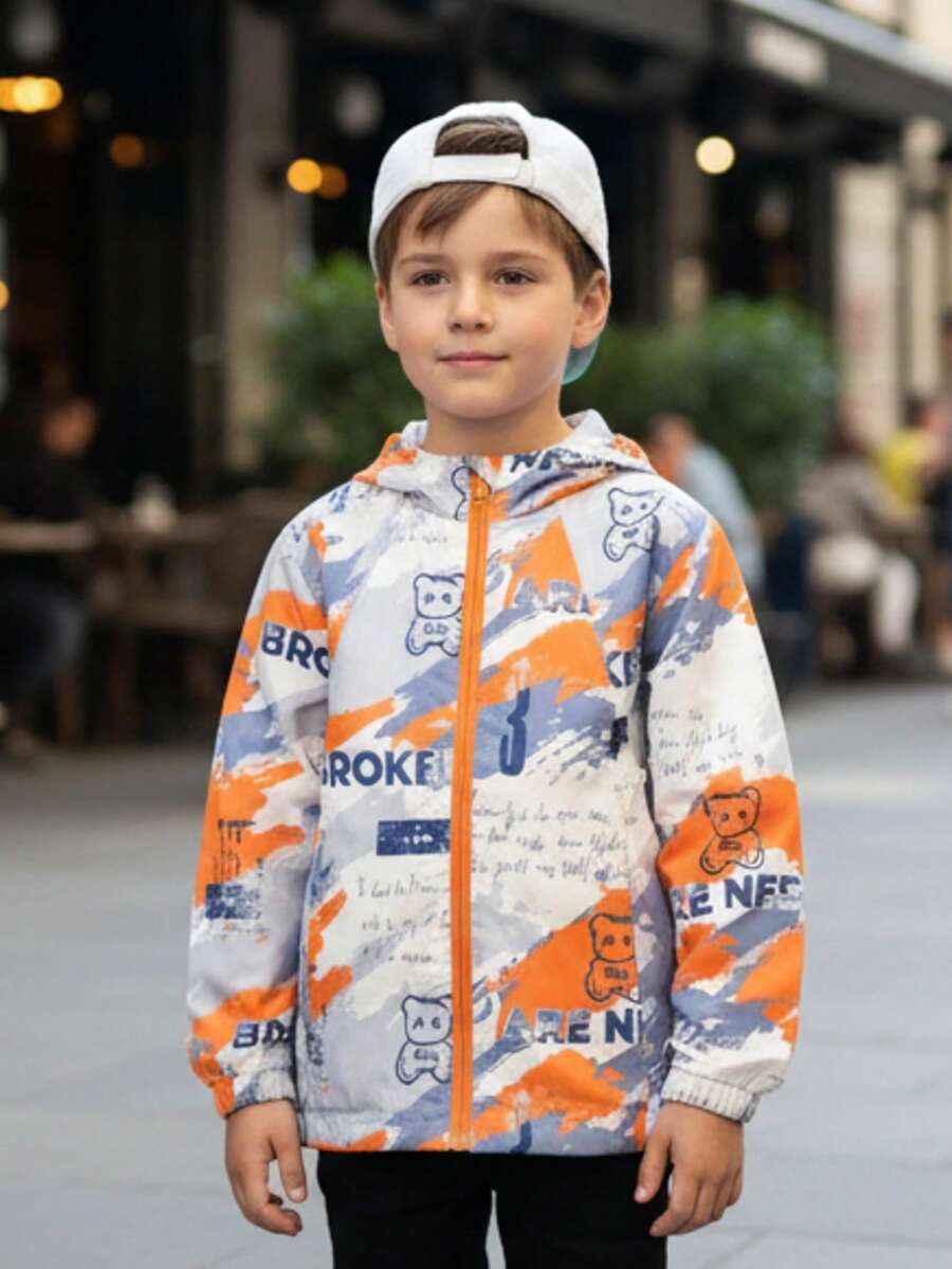 Chaqueta con capucha rompevientos con estampado lindo patos dragones osos de moda para niños pequeños acabado impermeable ideal epoca invierno otoño lluvia - Multicolor - Ver 1