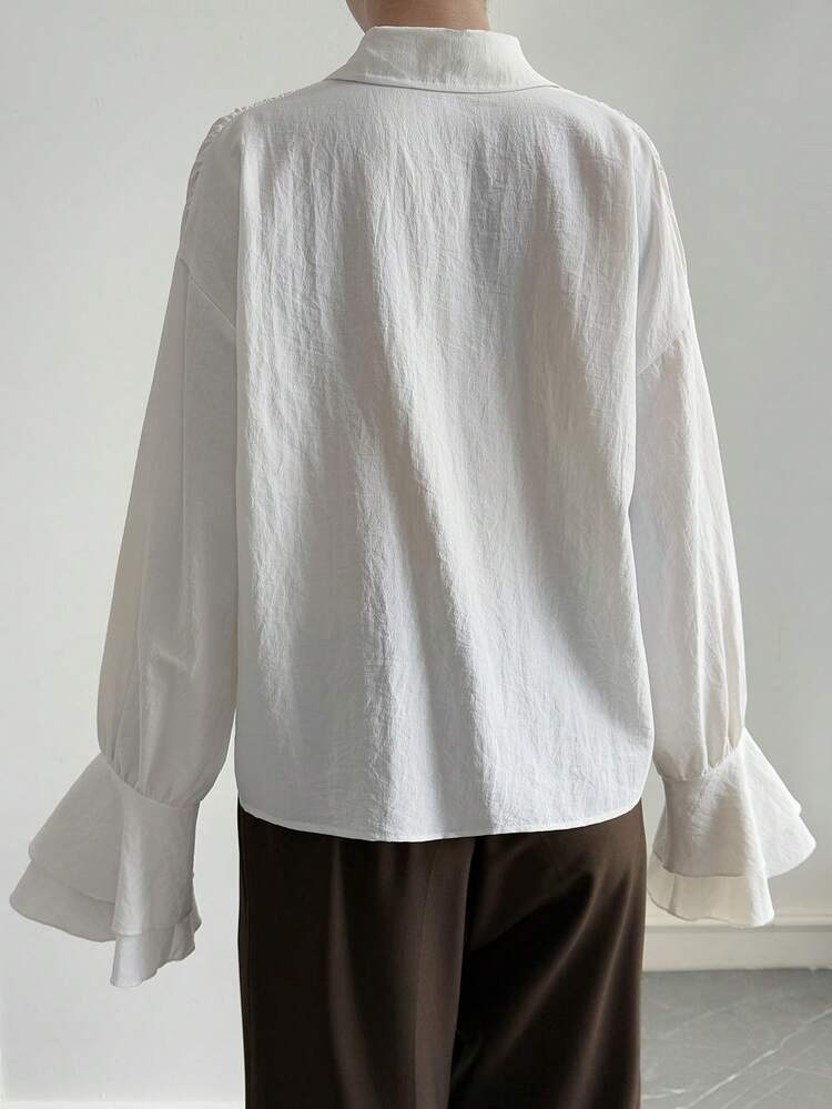 Women's Solid Color Long Sleeve Shirt With Ruffle Sleeve And Collar