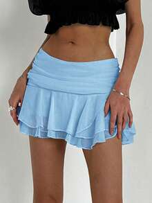 Aloruh Falda mini elegante de gasa con textura, de cintura súper baja y dobladillo con volantes y capas - Celeste - Ver 3