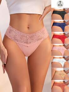 7 件套女士性感撞色蕾丝丁字裤内衣 - 彩色 - 查看 2