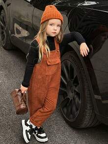 Bộ đồ liền thân có túi cài nút bằng vải nhung kẻ dành cho bé gái - màu nâu - Xem 4