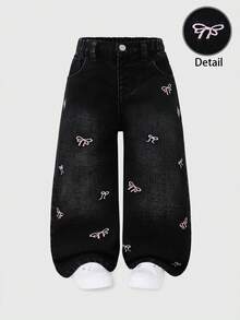 SHEIN Girls' Versatile Fashion Distressed Straight Leg Blue Jeans - Black - View 3