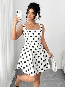 Elenzga 大码女式优雅方领黑白波点无袖喇叭迷你连衣裙，适合返校、毕业、假期、情人节、圣诞节、音乐节、母亲节、万圣节、感恩节、复活节、国庆节、舞会、约会、派对、婚礼、户外旅行等场合。 - 彩色 - 查看 4
