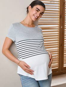 SHEIN 孕妇圆领条纹拼接哺乳功能休闲舒适短袖上衣 - 彩色 - 查看 3