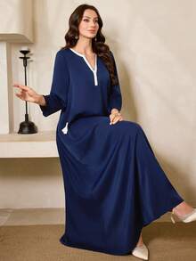 Al Najma Váy maxi Thổ Nhĩ Kỳ dài tay, cổ chữ V viền tương phản, phong cách Ả Rập truyền thống dành cho nữ - Màu xanh hải quân - Xem 1