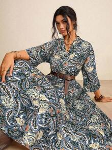 Freevana Plus Size Paisley Print Ruffle Hem Casual Vacation Dress - Dark Green - View 1