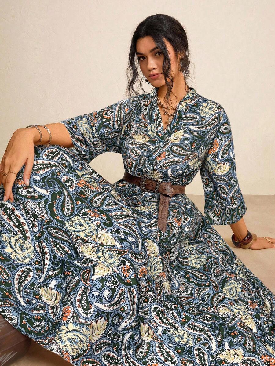Freevana Plus Size Paisley Print Ruffle Hem Casual Vacation Dress - Dark Green - View 1