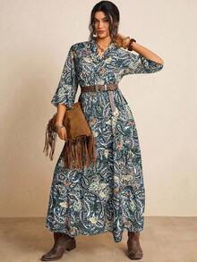 Freevana Plus Size Paisley Print Ruffle Hem Casual Vacation Dress - Dark Green - View 6