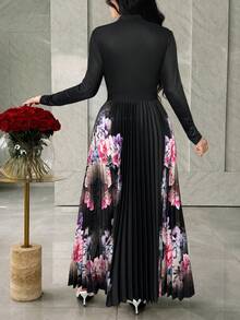 Modelyn 女士印花立领长袖上衣和百褶中长裙两件套 - 黑色 - 查看 3