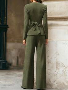 SHEIN Unity Nouveau set 2 pièces en métal décoratif, col V, manches longues, asymétrique avec lien, décontracté mais élégant, convient pour de multiples occasions - Militaire verte - Voir 2