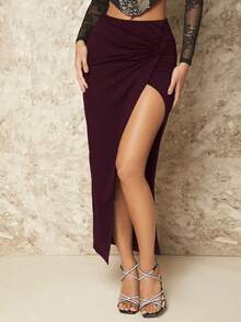 SHEIN BAE 女士性感度假极简纯色扭结下摆高开衩半身裙 - 紫紅色 - 查看 6