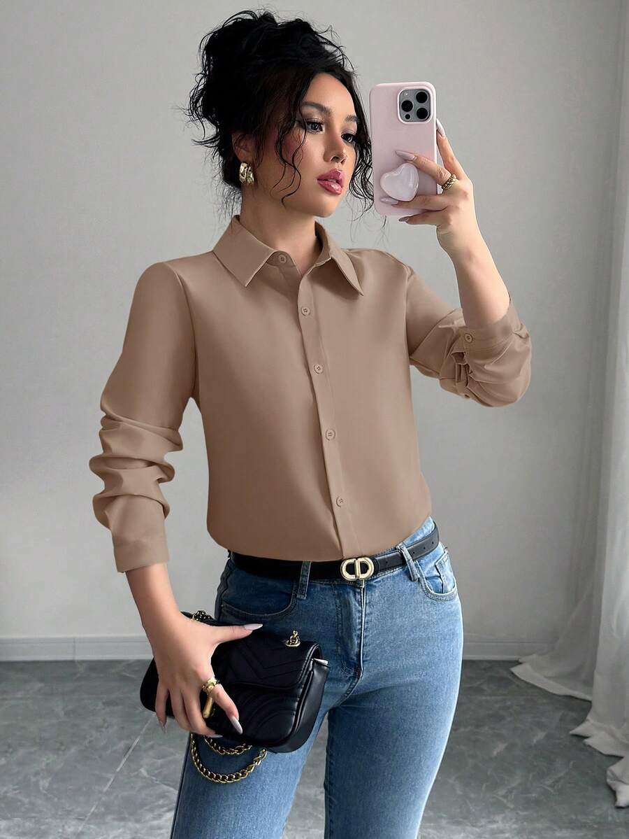 Elenzga 1pc Women's Solid Color Front Button Long Sleeve Elegant Blouse