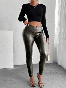 Rafferiza Quần legging tập yoga giữ nhiệt màu trơn cho nữ, quần bó cạp cao dày - Bạc - Xem 5