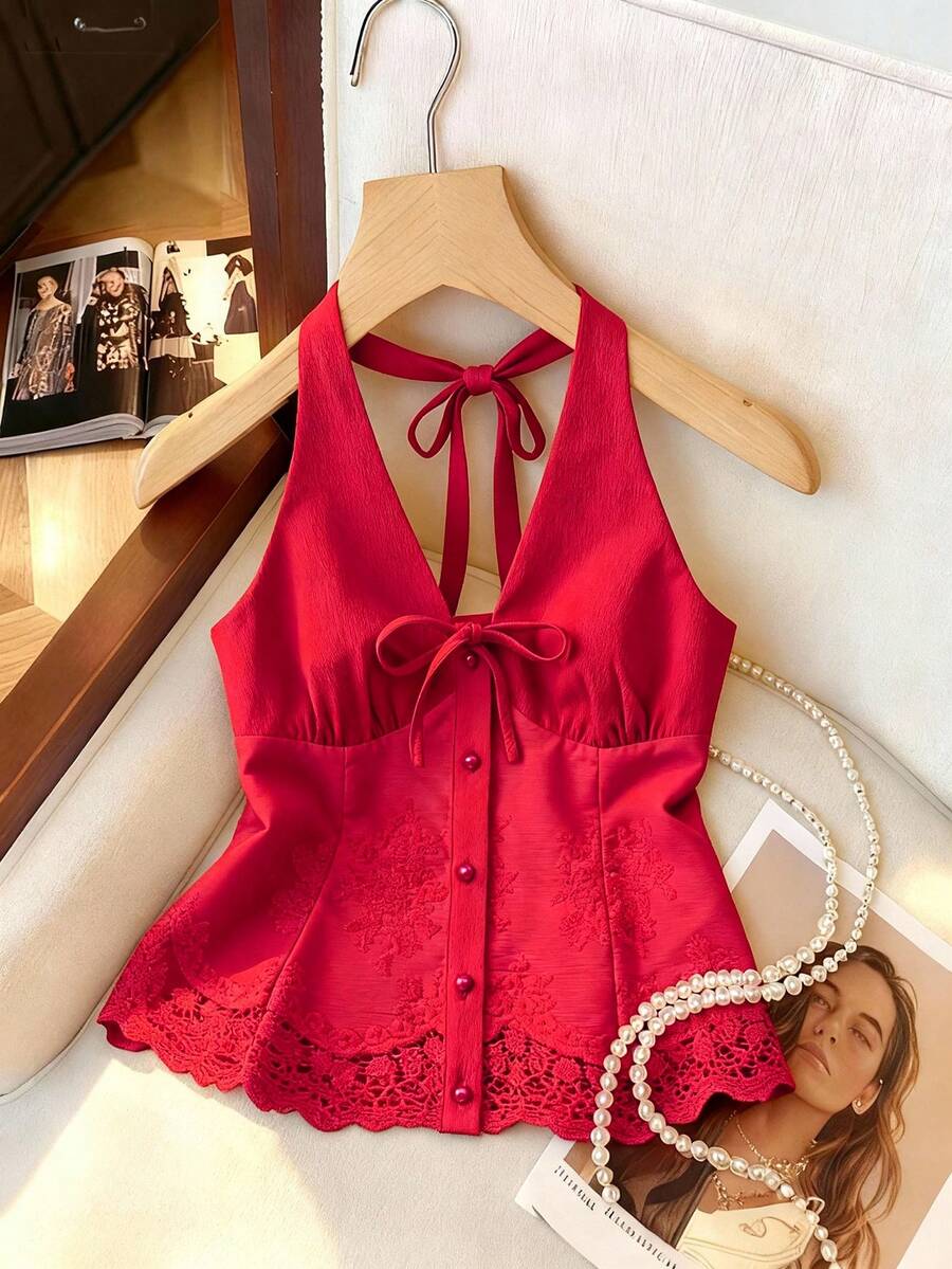 Franclia 女士优雅甜美法式红色露背系带蕾丝边饰上衣，春夏款 - 紅色 - 查看 1