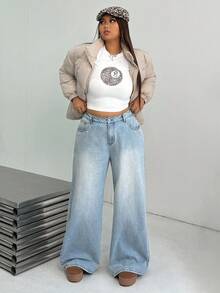 Dripcurv Plus-Size Women's Light Blue Casual Jeans, Suitable For All Seasons, Perfect For New Year's And Christmas. - Blue - View 4