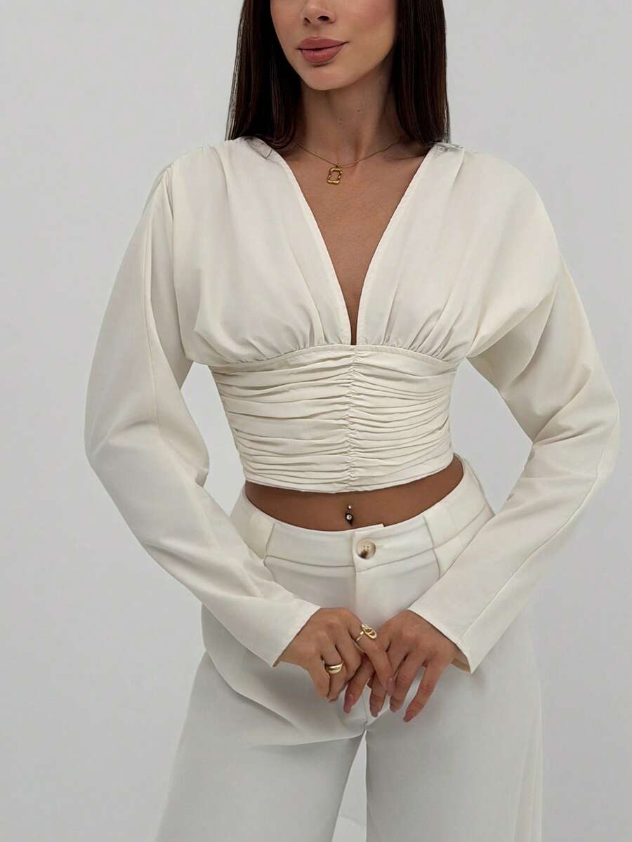 Aloruh Chemise simple à manches longues avec col en V plissé, manches chauve-souris et couleur unie, pour le trajet quotidien - Beige - Voir 1