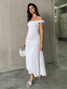 Firerie Women's Elegant Minimalist Delicate Romantic Valentine's Day Date Party Everyday Vacation Pleated Off Shoulder Spaghetti Strap A-Line Long White Dress - White - View 5