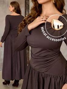 Roveilla 大码女式棕色拼接收腰针织连衣裙，金属扣肩部褶裥腰部连衣裙，纯色连衣裙，斜肩连衣裙，土耳其连衣裙，文艺复兴连衣裙，棕色优雅连衣裙，深棕色连衣裙，中世纪连衣裙，巴斯克腰连衣裙，长袖长裙，休闲长裙，女式长裙，不对称领口连衣裙，挤奶女工连衣裙，女式不对称连衣裙 - 咖啡棕 - 查看 3