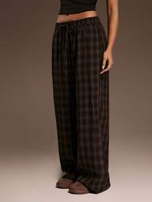 SHEIN ICON 女士棕色宽松格子简约休闲裤 - 彩色 - 查看 6