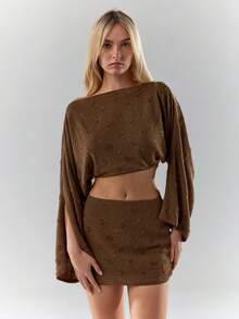 Glamine Women's V-Neck Split Sleeve Cropped Top And Mini Skirt 2 Pieces Set - Brown - View 6