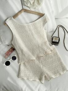 Conjunto de top corto sin mangas acanalado y shorts con volantes de cintura alta, estilo bohemio y campestre, de tela ligera y transpirable, para verano, vacaciones en la playa, almuerzos casuales y uso diario. - Beis - Ver 3