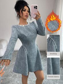 Modelyn 女士蓝色粗花呢长袖褶裥串珠腰部A字短款优雅连衣裙 - 藍色 - 查看 1