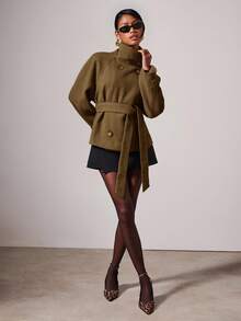 COSMINA 女士优雅高领系带常规款外套，秋冬款 - 駝色 - 查看 4