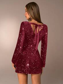 Avantive Women's Elegant Sequin Backless Mini Dress, Autumn - Burgundy - View 8