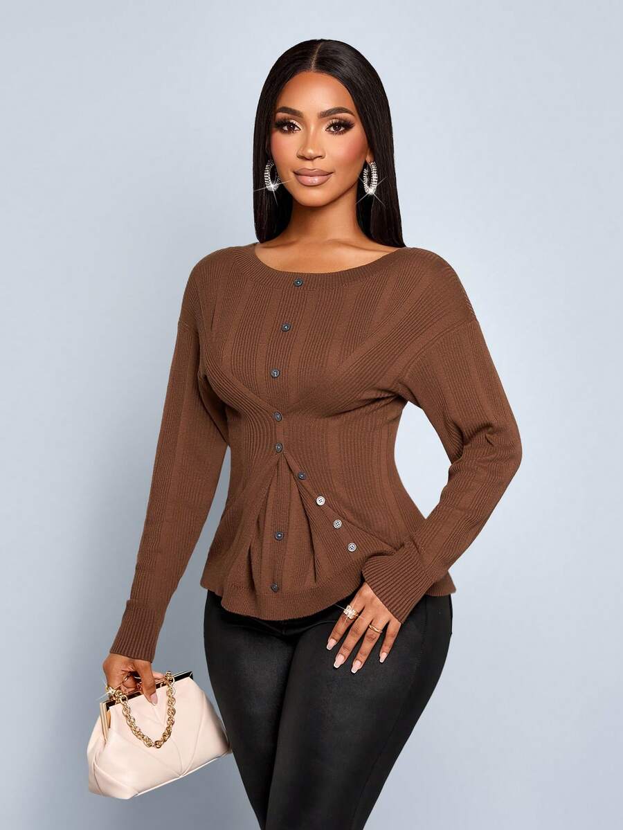 SOLERSUN Women's And Elegant Coffee Brown Autumn Sweater Tops,Simple Advanced Design Office Winter Suit For Homecoming Thanksgiving Back To School - Brown - View 1