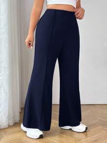 SHEIN PETITE CURVE Plus Size Fashionable Versatile Solid Color Flare Pants Autumn Winter Clothes For Women - Navy Blue - View 5