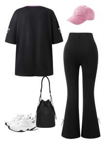 Sparklyn 青少年女孩百搭街头运动针织T恤搭配蝴蝶结+阔腿裤运动服套装 - 黑色 - 查看 2
