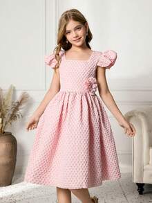 Tween Girls' Textured Pink Square Neck Dress - Pink - View 5