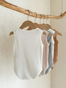 SHEIN 5件套新生儿男女通用婴儿服装，男婴休闲可爱纯色针织无袖连体衣（多色） - 彩色 - 查看 2