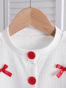 两件套女童白色开衫外套搭配红色蛋糕裙套装，长袖开襟单排扣开衫饰有3D红色蝴蝶结，搭配红色可爱蛋糕迷你裙，适合春、秋、初冬的休闲、通勤、万圣节、圣诞节等场合穿着。 - 紅色 - 查看 3