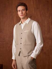 Officeau 男士修身商务休闲西装三件套，包括外套、裤子和马甲，适合男士婚礼新郎穿着，高品质专业通勤套装，春夏皆宜。 - 米色 - 查看 5