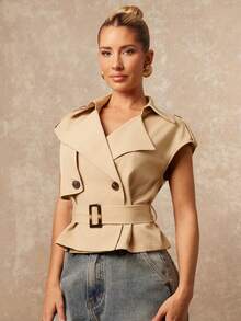 Lumalex New Autumn//Spring High-End Women's Casual Daily Commuting Khaki Stand-Up Collar Curved Shoulder Double-Breasted Design Waist Sleeveless Short Windbreaker, Vest Jacket, New Spring Women's Style, Spring/Summer Clothing, Daily Business Casual Wear, Casual Elegant Clothing - Khaki - View 6