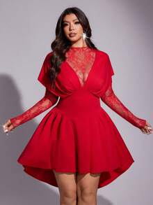 Viva Relle Đầm ren tay dài màu trơn cỡ lớn, xếp ly eo gợi cảm - Đỏ - Xem 2