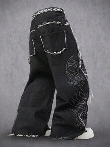 Manfinity Denimwave Quần Jeans Denim Đen Thêu Rách Vá Thời Trang Đường Phố Thường Ngày Cho Nam - màu đen - Xem 2