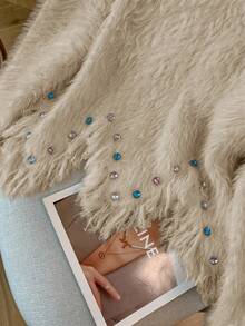 GlowEve pull col rond ajusté avec strass, fait main, en fausse fourrure de vison douce et confortable, avec ourlet asymétrique à franges. Décontracté pour tous les jours, automne/hiver - Nude - Voir 2